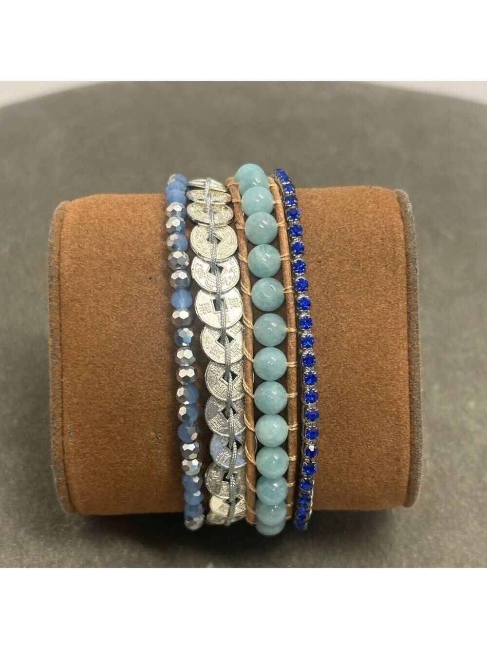 Victoria Emerson blue silver tone beaded rhinestone boho multi strand bracelet